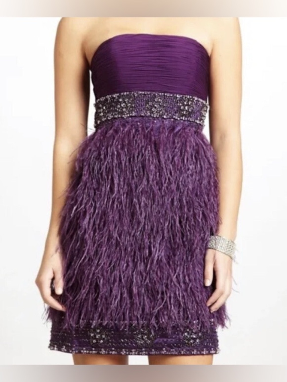 💜 SUE WONG Nocturne Purple Silk Ostrich Feathers Strapless Sequins Mini Dress